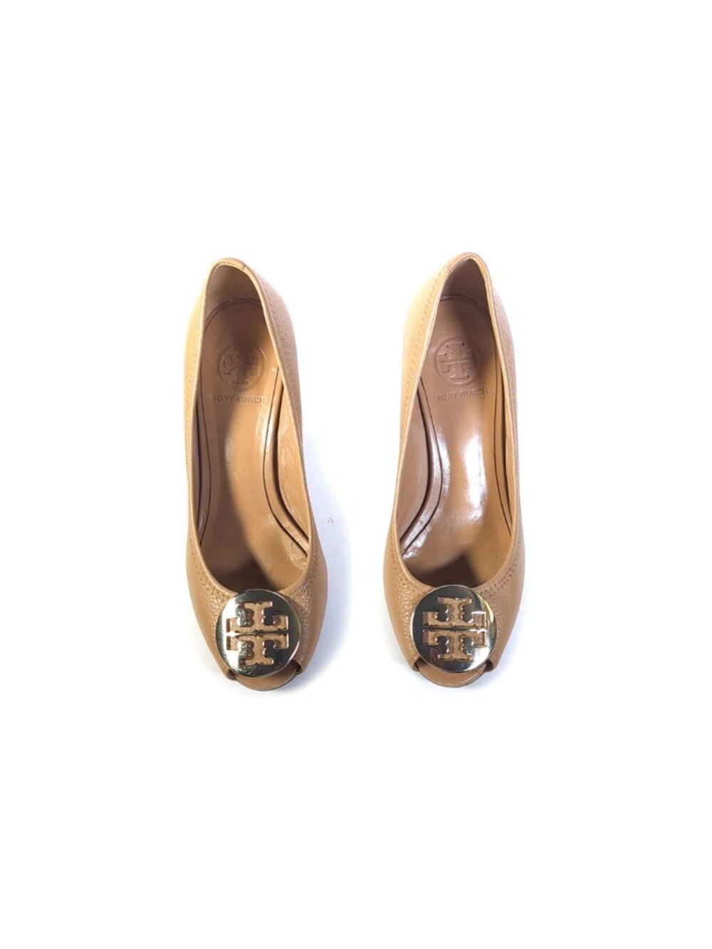 Tory Burch Sally 2 Peeptoe Wedges Pebbled Leather Tan/gold Size 7